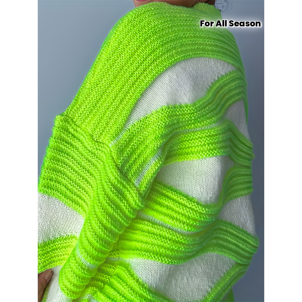 Women'S Sweater - Neon Green & White Color Block Pullover, Loose Fit Long Sleeve Sweater for Everyday & Formal Outfits, All-Season Layering Essential for Women, Vacation Outfit, Youthful Fashion, Quality Stitching, Stylish Top, Fashion Lovers