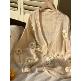 [Floral Cardigan for Women] Floral Pattern Women's Beige Cardigan - Long Sleeve Sweater with Round Neck for Spring/Fall Layering | Everyday & Formal Outfits, Lightweight Fabric, Textured Knitwear, Durable Knitwear, Office Wear, Fall Wardrobe