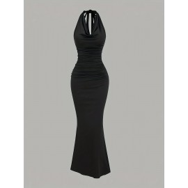 2pcs Elegant Halter Neck Mermaid Dresses - Ruched Bodycon Party & Casual Wear for Women, Black and Red, Machine Washable, Spring/Summer Collection, Spring Summer Attire, Sophisticated Silhouette, Comfortable Fit