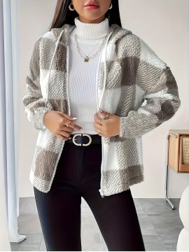 Women's Plush Coat - Non-Stretchy Beige & Brown Checkered Winter Jacket, Machine Washable Cold Weather Outerwear for Fall/Winter, Chic Everyday & Formal Events Coat, Winter Coats, Casual Winter Wear, Textured Fabric