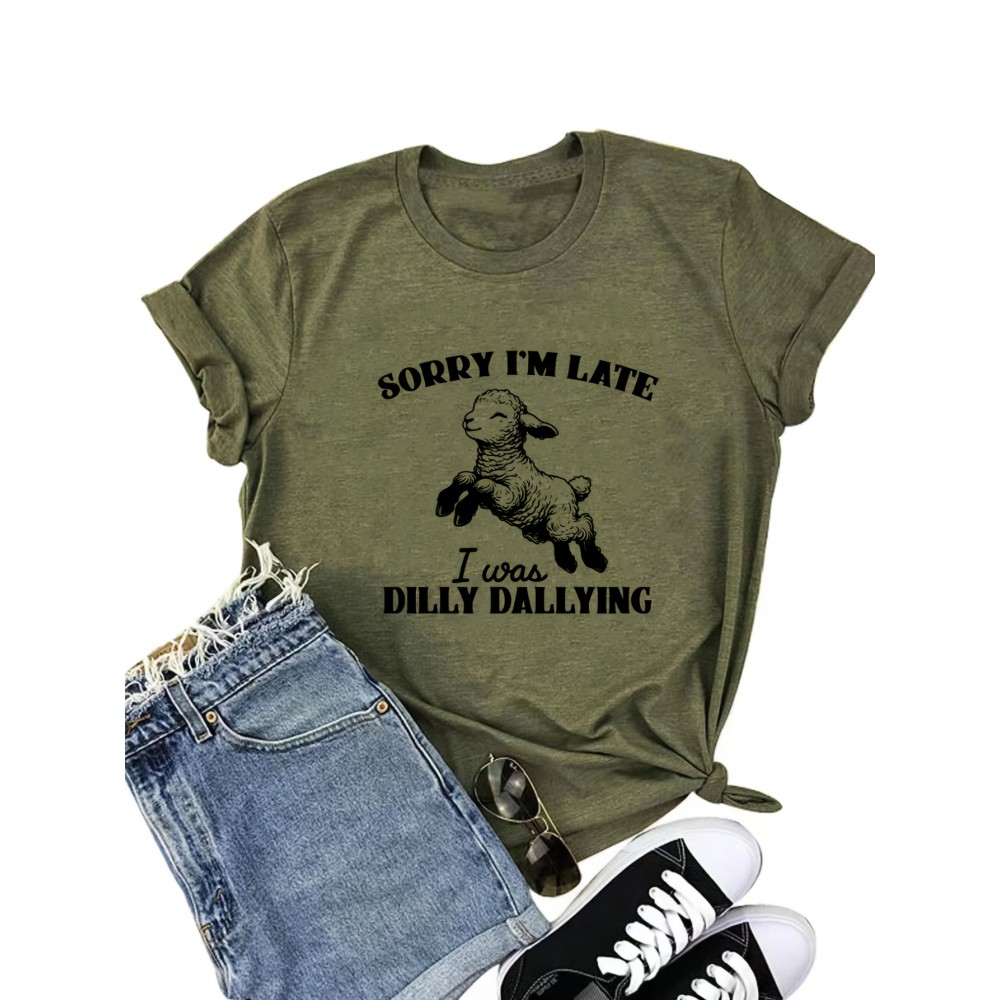 [Funny Sheep | Casual] Olive Green Funny Sheep Print | Women's Casual Crew Neck T-Shirt | 60% Polyester 35% Rayon 5% Spandex Knit Fabric, All-Season Animal Pattern Tee, 180gsm