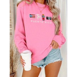 [Graphic Print Sweatshirt] Polyester Women's Puerto Rico Graphic Print Sweatshirt | Oversized Fit, Crew Neck Long Sleeve Pullover, Geometric Pattern with Applique Detail | Casual for Fall/Winter, Machine Washable